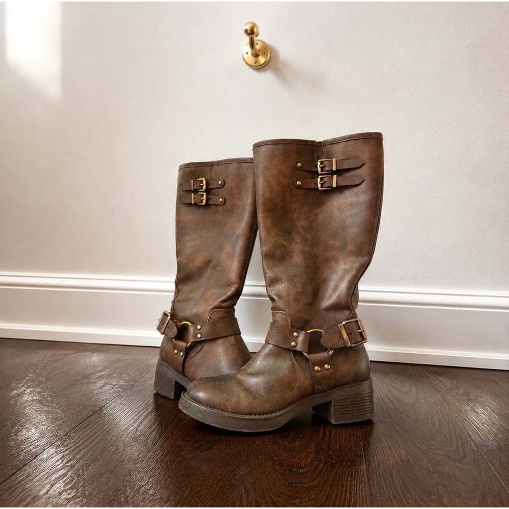 Dream Pairs Womens Brown Moto Harness Tall Boots Size 6 Distressed Buckle Block